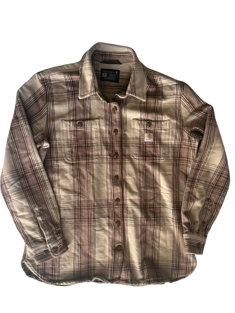 Carhartt Thick Fleece Cotton Beige and Brown Plaid Lightweight Shirt Jacket